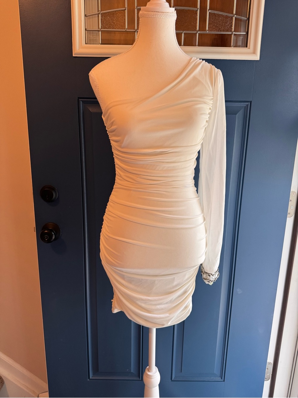 Deb One-Shoulder White Ruched Bodycon Dress